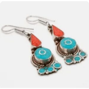 NWOT Stamped 925 Tibetan Turquoise Coral Handmade Bohemian Jewelry Nepali Earrin